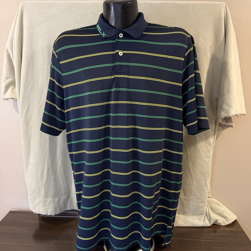 RLX Ralph Lauren Polo Shirt Men's L Blue Green Stripe Stretch Golf Performance